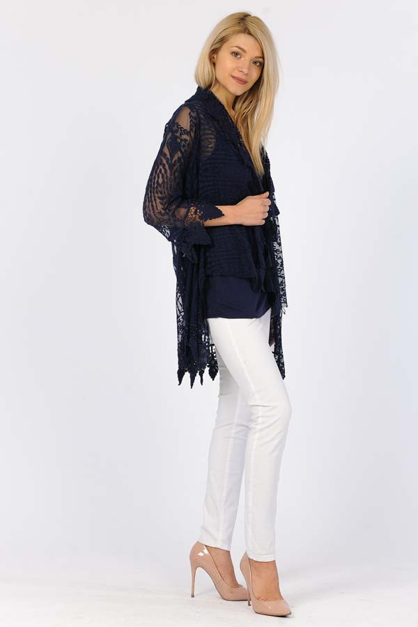60% Cotton 40% Poly Front Open Lace Cardigan -Navy